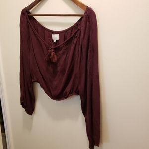 Kendall + Kylie Boho Bell Sleeve Crop Top Burgandy Wine Size Medium